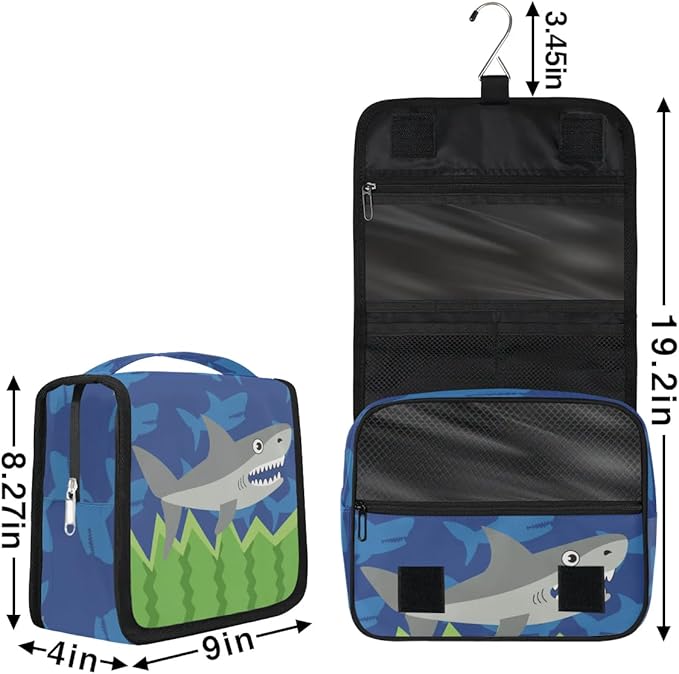 OMFUNS Funny Shark Hanging Travel Toiletry Kit Bag with Hook for Men and Boys, Ocean Animal Makeup Case Waterproof Cosmetic Bag Storage Bag Organizer for Accessories Toiletries