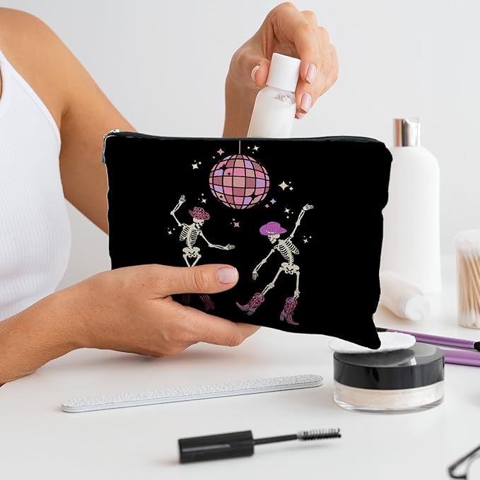 RYYCDOI Funny Disco Dancing Skeleton Makeup Bag, Goth Gothic Skull Cosmetic for Women, Halloween Gifts, Dark Academia Makeup Pouch, Horror Bag