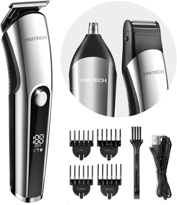 PRITECH Cordless Beard Trimmer for Men, 3-in-1 Grooming Kit, USB Charging