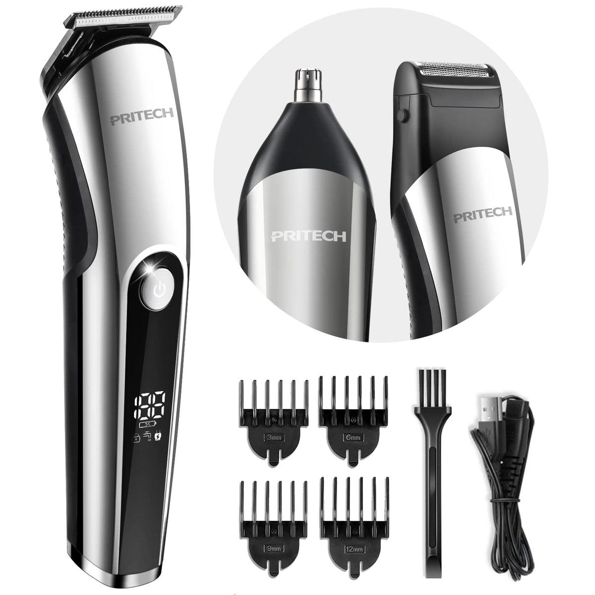 PRITECH Cordless Beard Trimmer for Men, 3-in-1 Grooming Kit, USB Charging