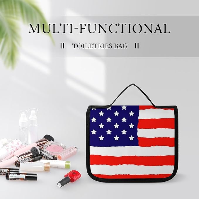 CWECVWE Travel Toiletry Bag, Portable Makeup Bag with Hanging Hook, Hanging Organizer for Women Men Shampoo, Conditioner, Brushes Set, Red Blue White American Flag