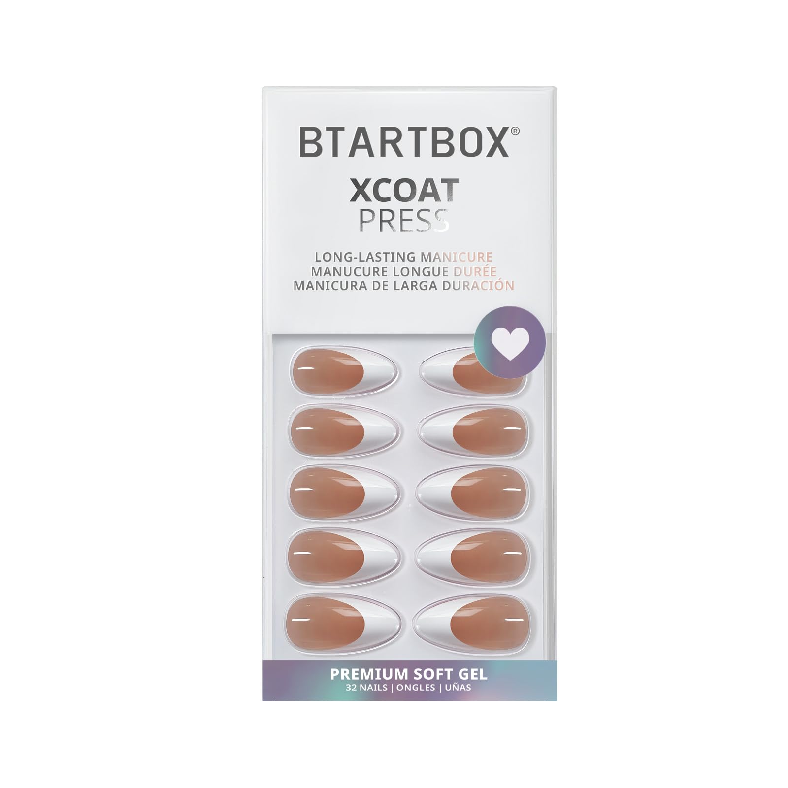 BTArtbox Press On Nails, Capable, Medium Almond, White French Tip, 32Ct