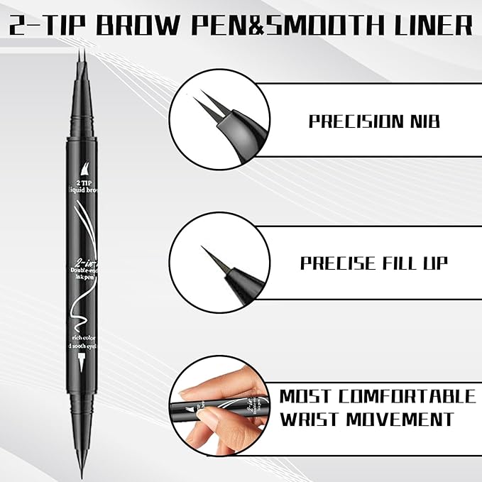 Curved 2 Tip Eyebrow Pen-Light Brown Eyebrow Pencil With Black Eyeliner 2-in-1 Dual-Ended Create Natural Hair-Like Brows,Waterproof.Smudge Proof,Long Lasting All-Day