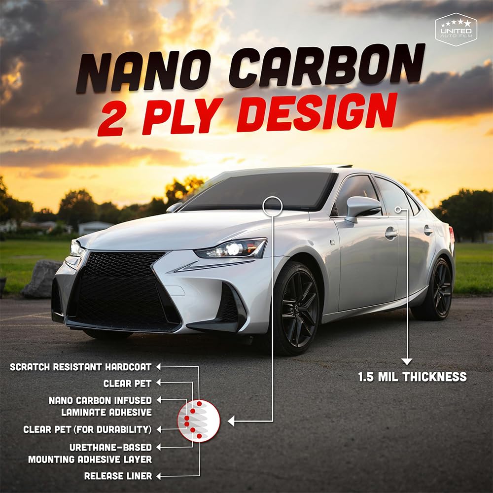 United Nano Carbon 2Ply Window Tint Film - 40" x100', 15% VLT Scratch Resistant, High Clarity, 99% UV Block – Privacy & Interior Protection Film for Car, Truck, SUV, Home – Heat & Glare Control
