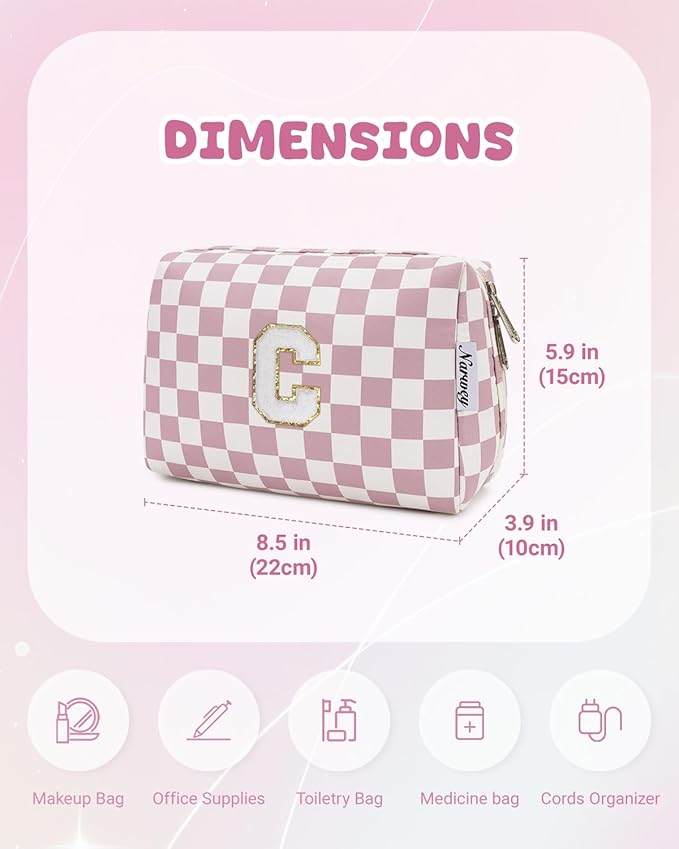 Narwey Birthday Gifts for Teen Girls Kids Women Personalized Initial Checkered Makeup Bag Pink Monogram Cosmetic Bag Trendy Stuff 6 8 10 11 12 13 14 16 18 Years Old Travel Toiletry Bag (Dusty Rose C)
