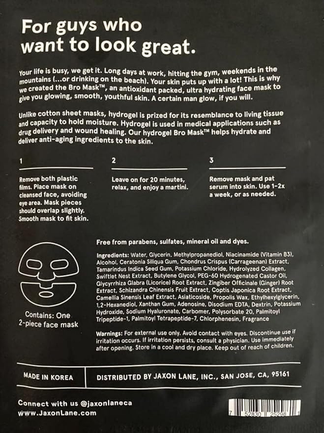 JAXON LANE Bro Mask Korean Face Mask for Men, Hydrogel Masks, 4 x 4 Pack
