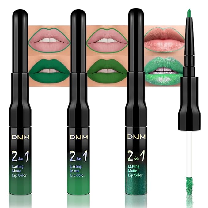 IATMOMOD 3Pcs 2 in 1 Green Matte Shimmer Lip Liner and Liquid Lipstick Stain Makeup Set for women, Long Lasting Smudge Proof Lip Tint Matte Finish Lip Gloss for All-Day Color Hold Easy to Use, Set25
