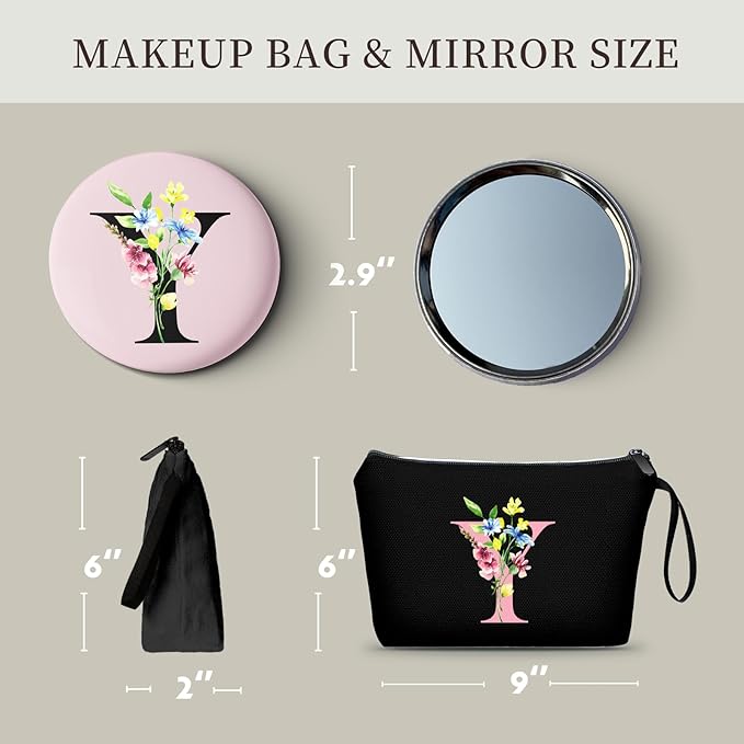 SEAMOON A-Z Womens Birthday Gifts, Initial Cute Makeup Bag with Mirror, Y