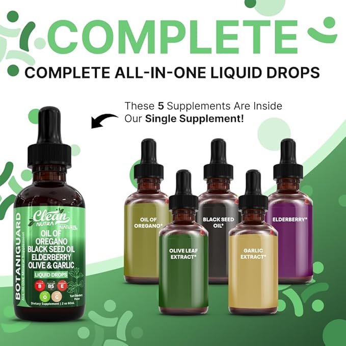 Clean Nutra Oil of Oregano Drops Black Seed Oil Elderberry Vitamin D D3 K2 Olive Garlic Immune Support Supplement Zinc Supplements Liquid 2 Fl Oz Vegan