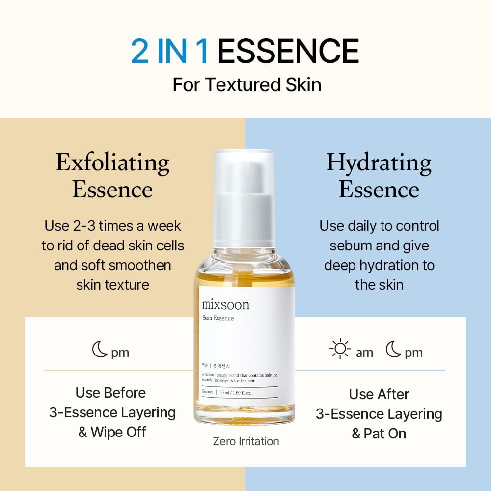 mixsoon Bean Essence Korean Skin Care, Gentle AHA Exfoliating Essence for Glass Skin Glow, Hydrating Face Serum with Fermented Bean, Smooth Skin, 50ml / 1.69 fl.oz. Korean Glass Skin Care