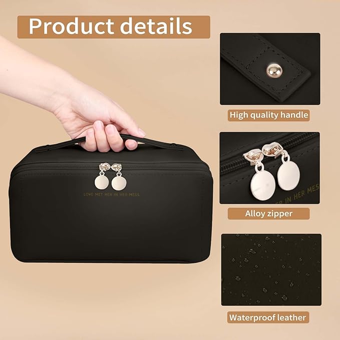 zaleeta Travel Makeup Bag, Large Capacity Cosmetic Organizer Bags for Women, Waterproof PU Leather Toiletry Bags, Wide Open Flat Makeup Case with Divider and Handle