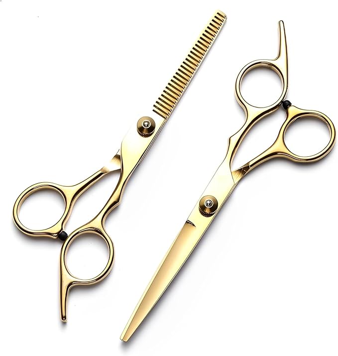 EOIFIV 11PCS Hair Cutting Scissors Kit, Professional Haircut Scissors with Stainless Steel Hair Shears, Thinning Shears, Haircut Accessories in Leather Case for Salon/Home (Gold)