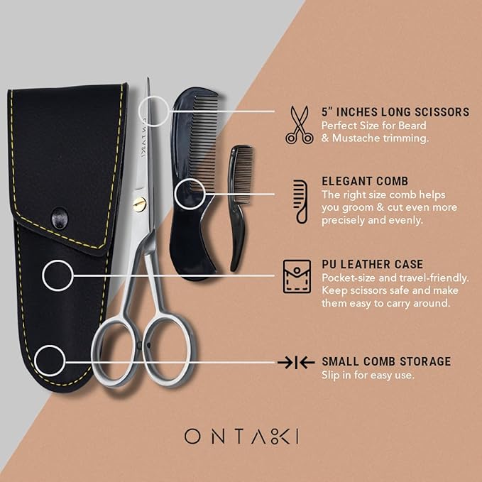 Ontaki Beard and Mustache Trimming Scissors & Combs for Men - 5" Silver
