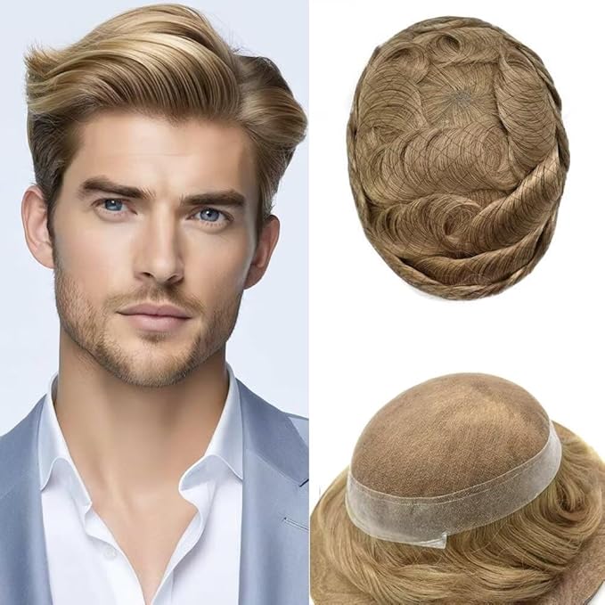 FACE MIRACLE Lace Front Mens Toupee Human Hair System Swiss Lace Center Toupee for Men Thin Skin PU Around Hair Replacement System V-Looped Mens Hair Wig Units 6"X9" 17R#BROWN/BLONDE MIX WARM TONE