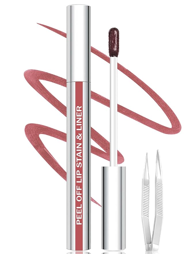 QCMME Lip Liner Stain Peel Off with Tweezer, Long Lasting Matte Lip Tattoo, Highly Pigmented Color Lip Makeup, Waterproof, Transfer-proof Lipstain for Women, WARM ROSE