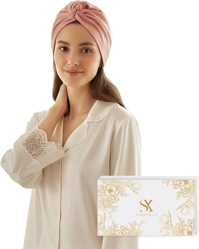 SYSERAN 100% Mulberry Silk Bonnet for Sleeping - Women Natural Curly Hair Night Cap Luxury Sleep Head Wrap with Elastic Band(Rose Gold)