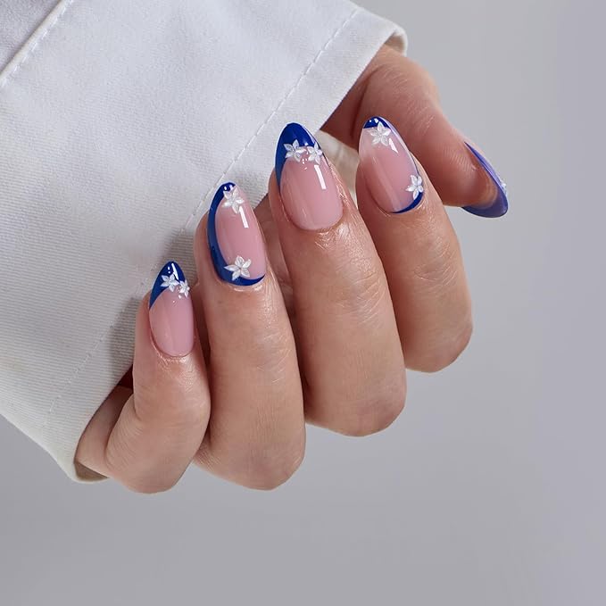 BTArtbox Press On Nails, Blue Blossom, Short Almond, French Tips, 32Ct