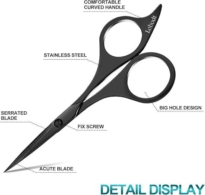 Lobodt Professional beard scissors, 4.9-inch (black) small pointed stainless steel hairdressing scissors, Moustache Trimming，suitable for personal care and beauty of both men and women