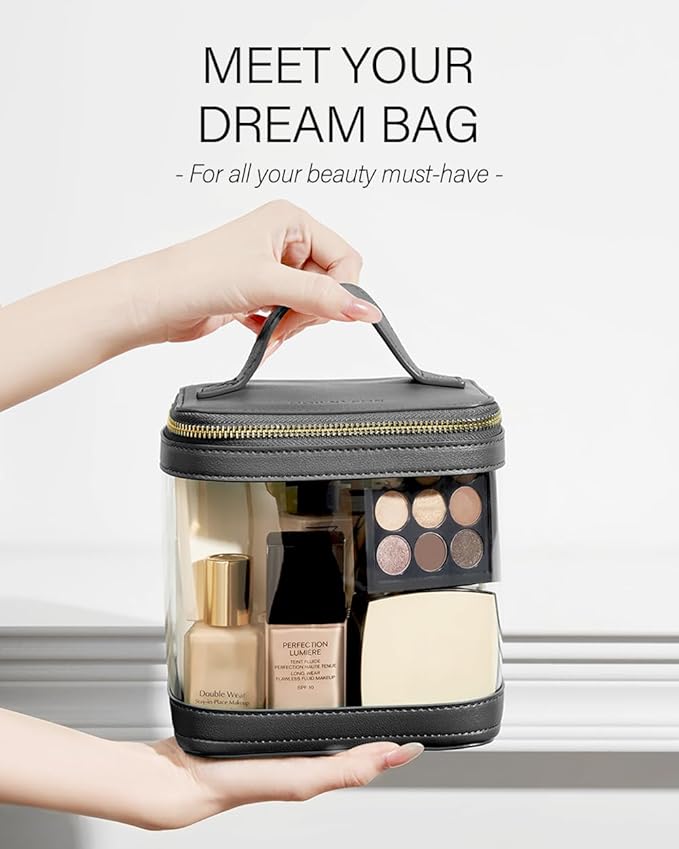 ROWNYEON Clear Makeup Bag, Travel Toiletry Bag Transparent Cosmetic Case with Zipper, Portable Make Up Organizer Clear Car Bag for Essentials with Handle (Black)