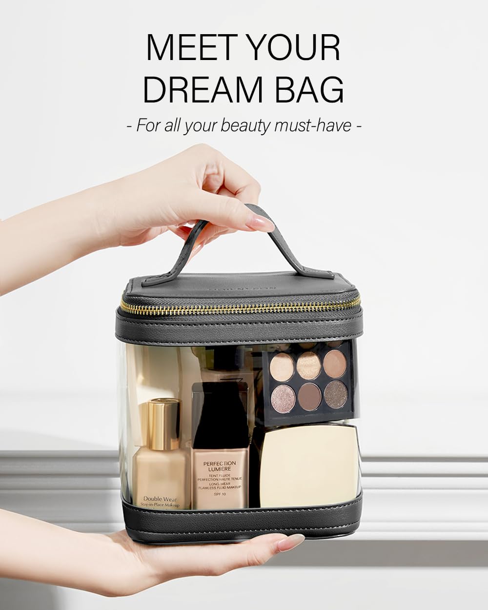 ROWNYEON Clear Makeup Bag, Travel Toiletry Bag Transparent Cosmetic Case with Zipper, Portable Make Up Organizer Clear Car Bag for Essentials with Handle (Black)