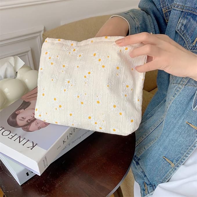 Flat Makeup Bag for Women,Zipper Cosmetic Pouch for Purse,Daisy Beige