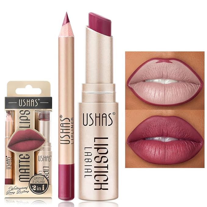 USHAS 2 in 1 Waterproof Lipstick and Lip Liner Combo Set - Long Lasting Matte Lipstick Pen with Lip Liner Set Makeup Kit (G2, Pack of 1)