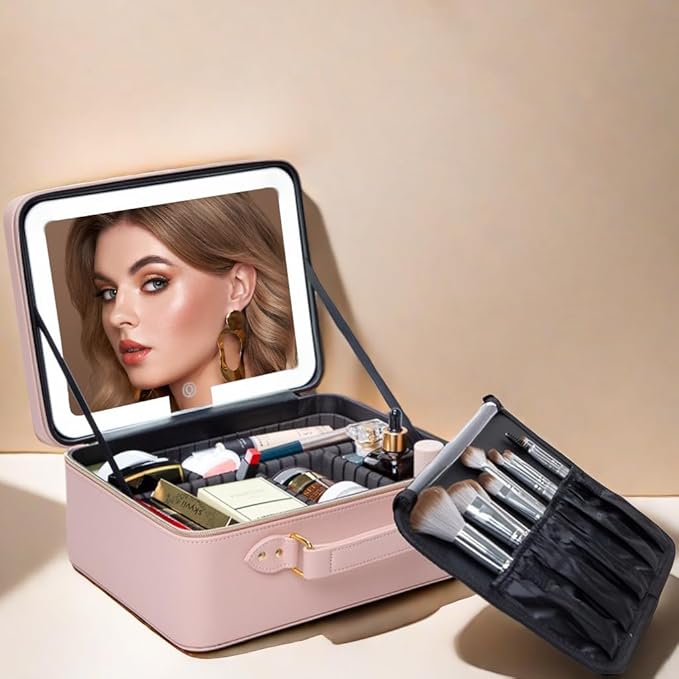 ZhenGuiRu Leather Makeup Bag with Lighted Mirror, 11.5'' Travel Makeup Organizer Bag with Adjustable 3 Colors Light and Dividers, Cosmetic Organizer Artist Storage Bag Pink