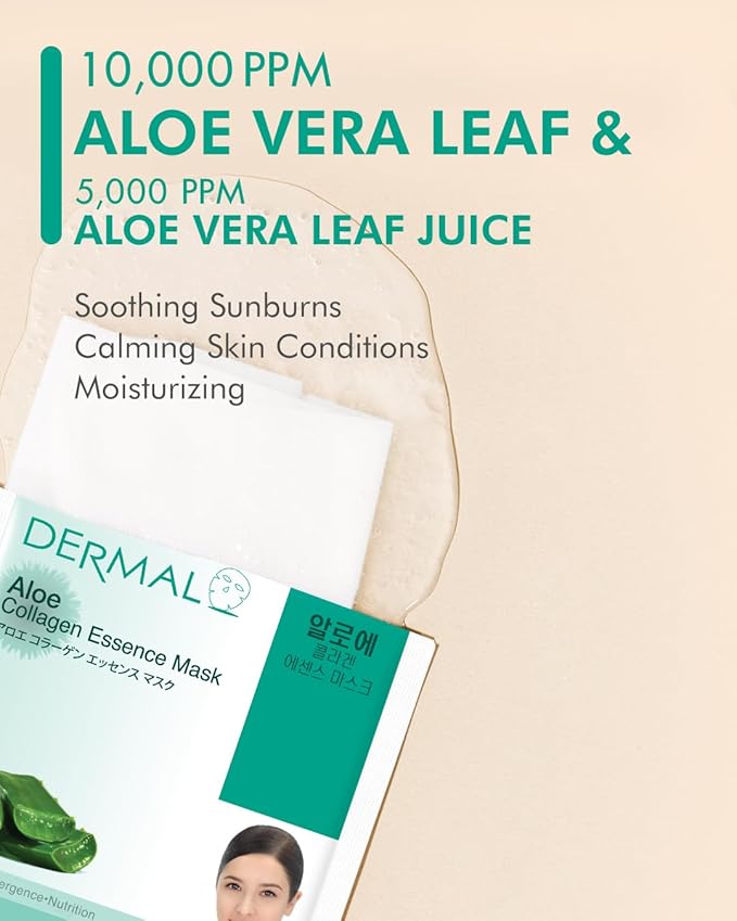 DERMAL Aloe Collagen Soothing Sheet Mask, Hydrating & Cooling, 10 Pack