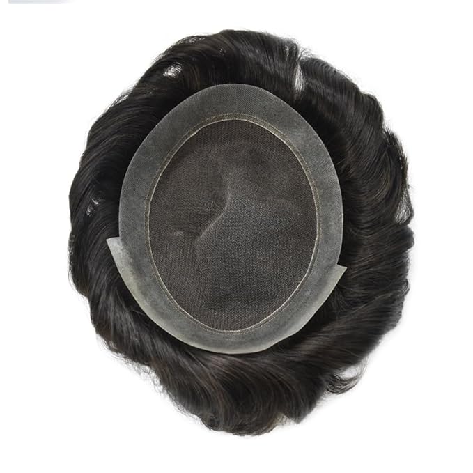 FACE MIRACLE Lace Front Mens Toupee Human Hair System Swiss Lace Center Toupee for Men Thin Skin PU Around Hair Replacement System V-Looped Mens Hair Wig Units 6"X8" 1#JET BLACK