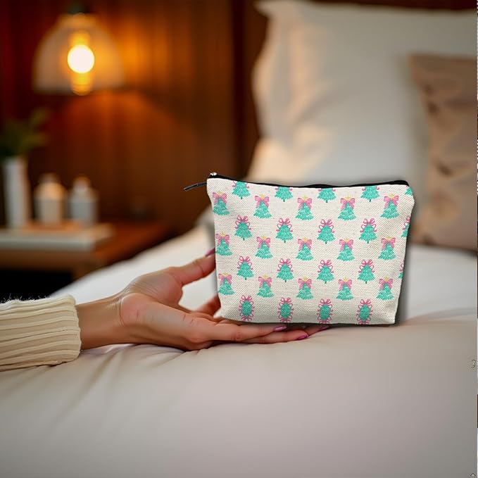SAFDSGFDB Coquette Pink Bow Christmas Tree Makeup Bag, Preppy Mint Green Christmas Tree Cosmetic Bags Gifts for Women, Girly Xmas Portable Travel Toiletry Bag Zipper Makeup Pouch