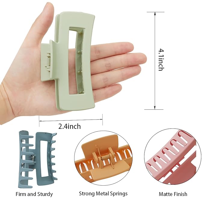 Sisiaipu 4 Inch Big Hair Claw Clips 6 Pcs Large Claw for Thick Hair Square Hair Clips for Women Rectangle Hair Clips Nonslip Acrylic Banana Jaw Clips Hair Accessories for Girls (Light)