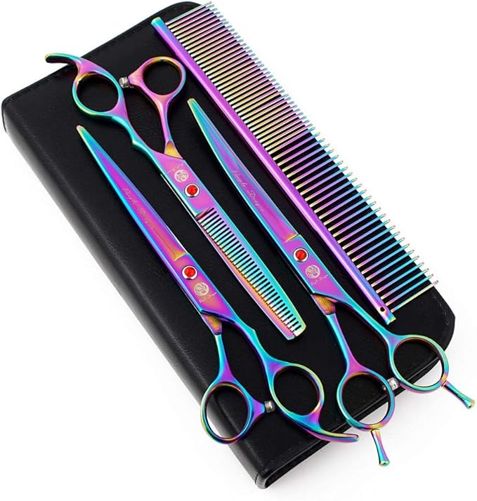 Purple Dragon 7" Dog Grooming Scissors Set with Rhinestone Accent - Rainbow
