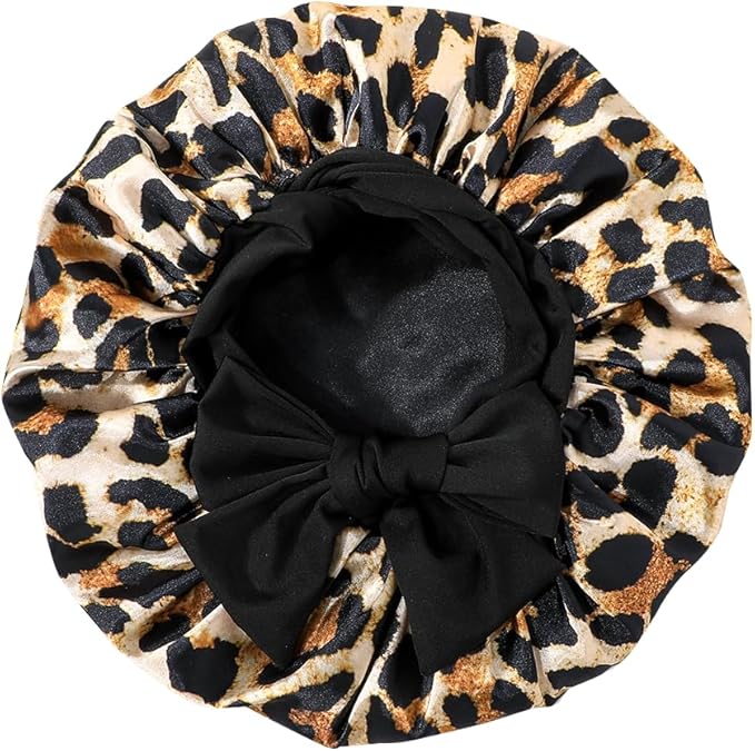 GDTOGRT Satin Silk Bonnet for Sleeping Women, Double Layer Sleep Hair Bonnets Caps for Curly Natural Hair with Tie Band Leopard-Black