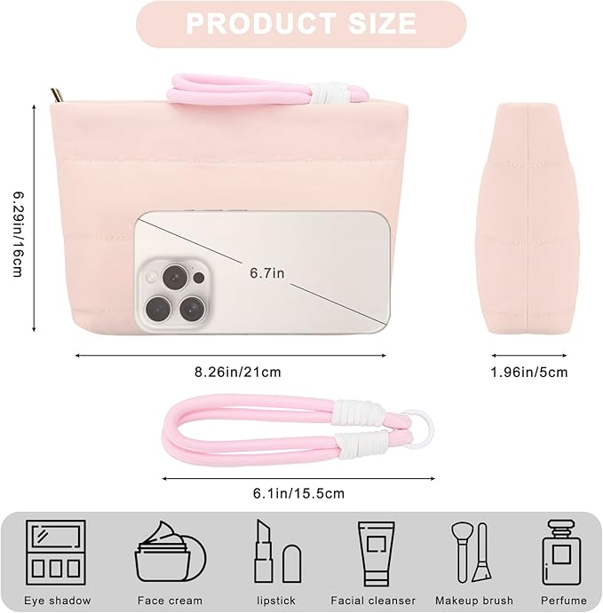 DOB SECHS Quilted Makeup Bag with Handle Detachable Cute Striped Puffy Cotton Cosmetic Bag for Women, Small Puffer Toiletry Zipper Make Up Pouch Clutch Bag Travel Organizer Storage Pouches Case, Pink