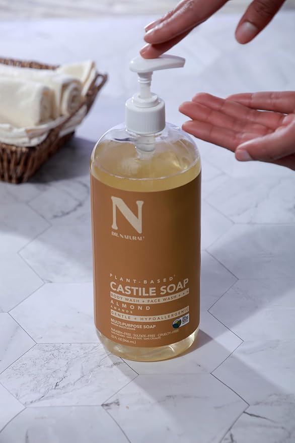 Dr. Natural Castile Liquid Soap - Multi-Use Body Wash, Shampoo and Face Wash - Hydrating Body Soap for Skin, Hair, Pets and Home - Almond - 32 oz