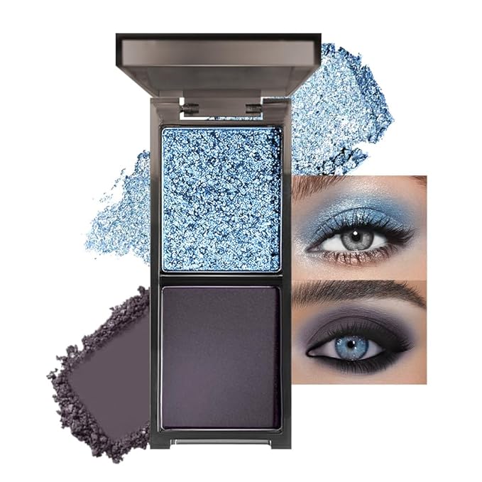CAKAILA Blue Black Two Color Matte Shimmer Glitter Eyeshadow,Bright Eye Shadow Powder,Professional Long-Lasting Waterproof Makeup Palette,Blendable,Easy-To-Apply and Compact for Travel