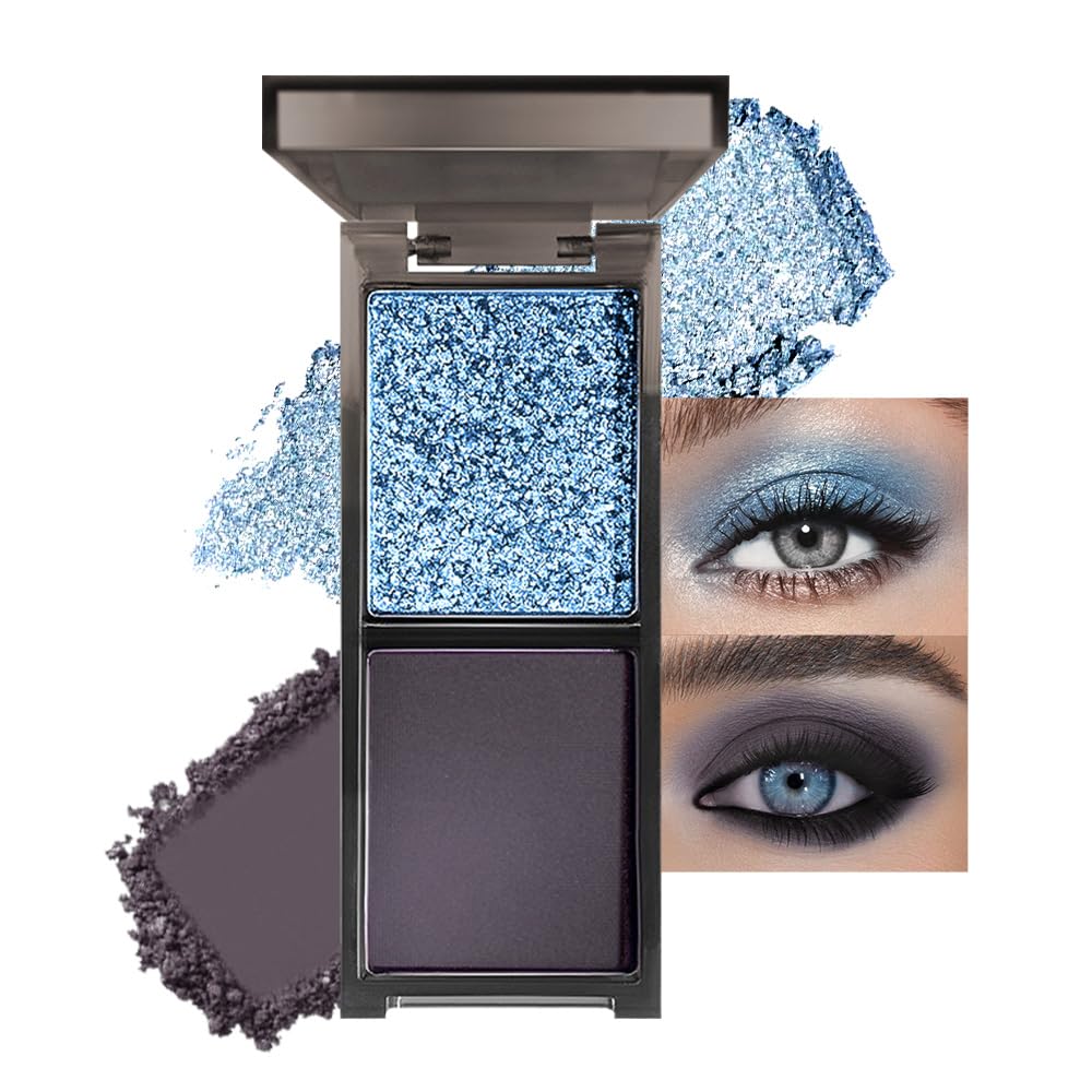 CAKAILA Blue Black Two Color Matte Shimmer Glitter Eyeshadow,Bright Eye Shadow Powder,Professional Long-Lasting Waterproof Makeup Palette,Blendable,Easy-To-Apply and Compact for Travel