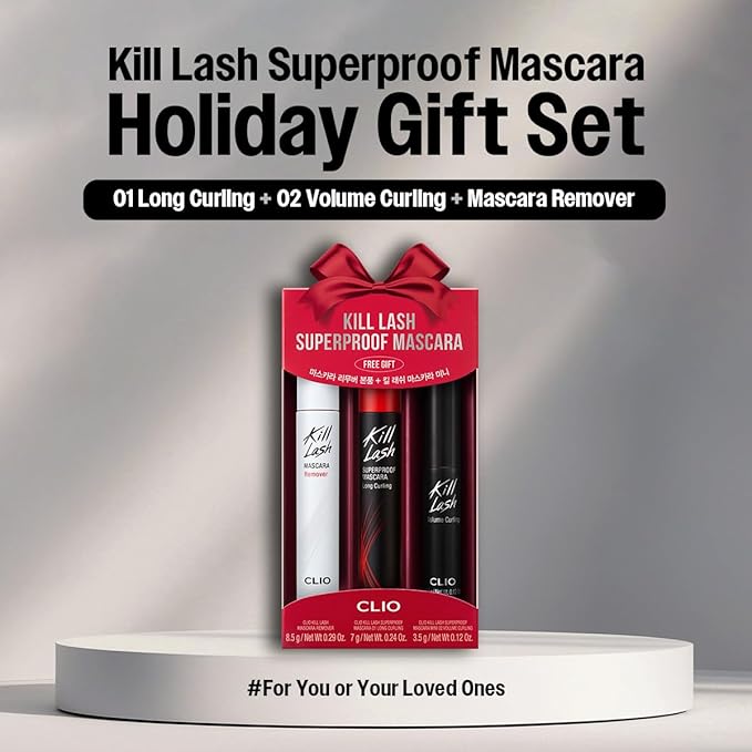 CLIO Kill Lash Superproof Mascara Holiday Gift Set, Waterproof Lash with Long Curling, Volume Curling Mini and Remover, Smudge-Resistant Long Wear, Safe for Sensitive Eyes (001 + 002 Mini + Remover)