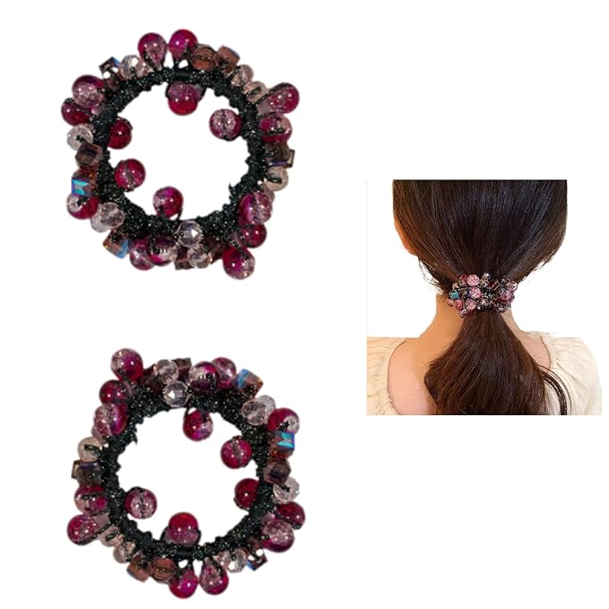 Siluannan Crystal Beaded Hair ties Scrunchies, Pink and Blue Glass Beads, Black Elastic Band, 2 Pack hair accessories for women。