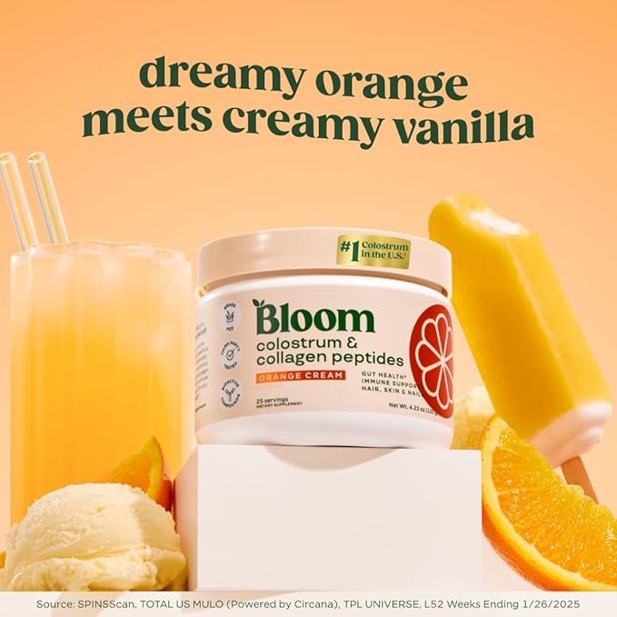 Bloom Nutrition Bovine Colostrum Powder, Orange Cream, 25 Servings