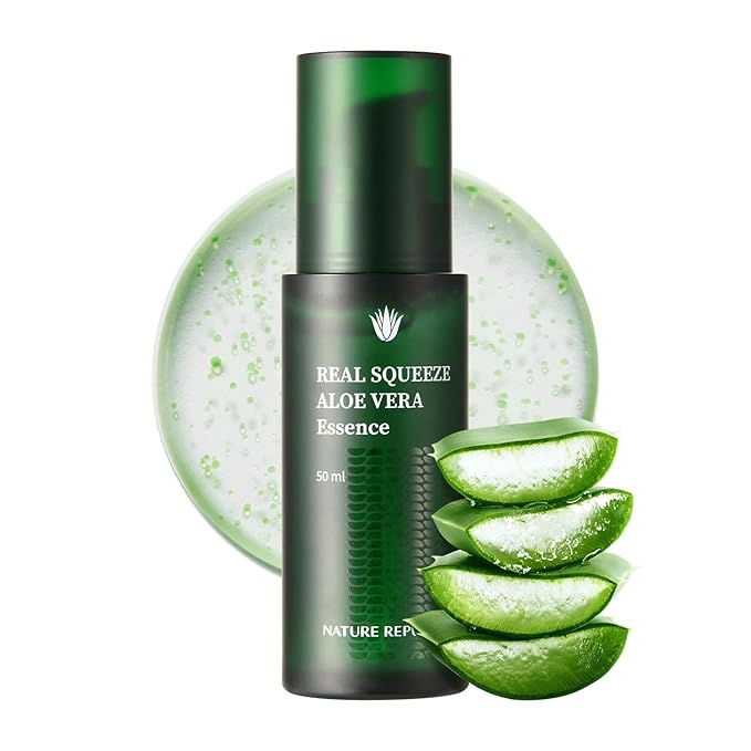 Nature Republic Real Squeeze Aloe Vera Essence | Hydrating Moisturizer & Glow for Face Fast-Absorbing, Non-Sticky After Sun & Aftershave Korean beauty Care for all Skin types Vegan 50ml / 1.69 Fl Oz