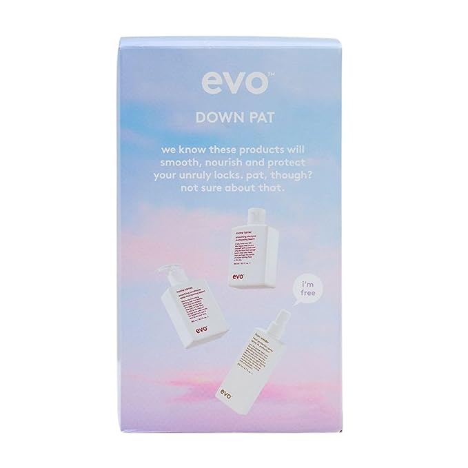 Evo Down Pat Anti Frizz Hair Products Gift Set - Smoothing Shampoo, Conditioner & Heat Spray for Unruly Hair