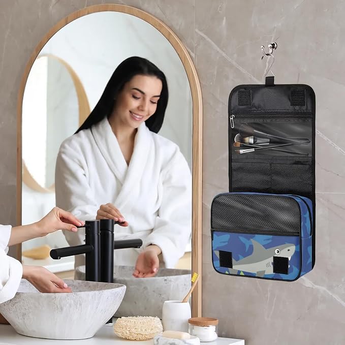 OMFUNS Funny Shark Hanging Travel Toiletry Kit Bag with Hook for Men and Boys, Ocean Animal Makeup Case Waterproof Cosmetic Bag Storage Bag Organizer for Accessories Toiletries