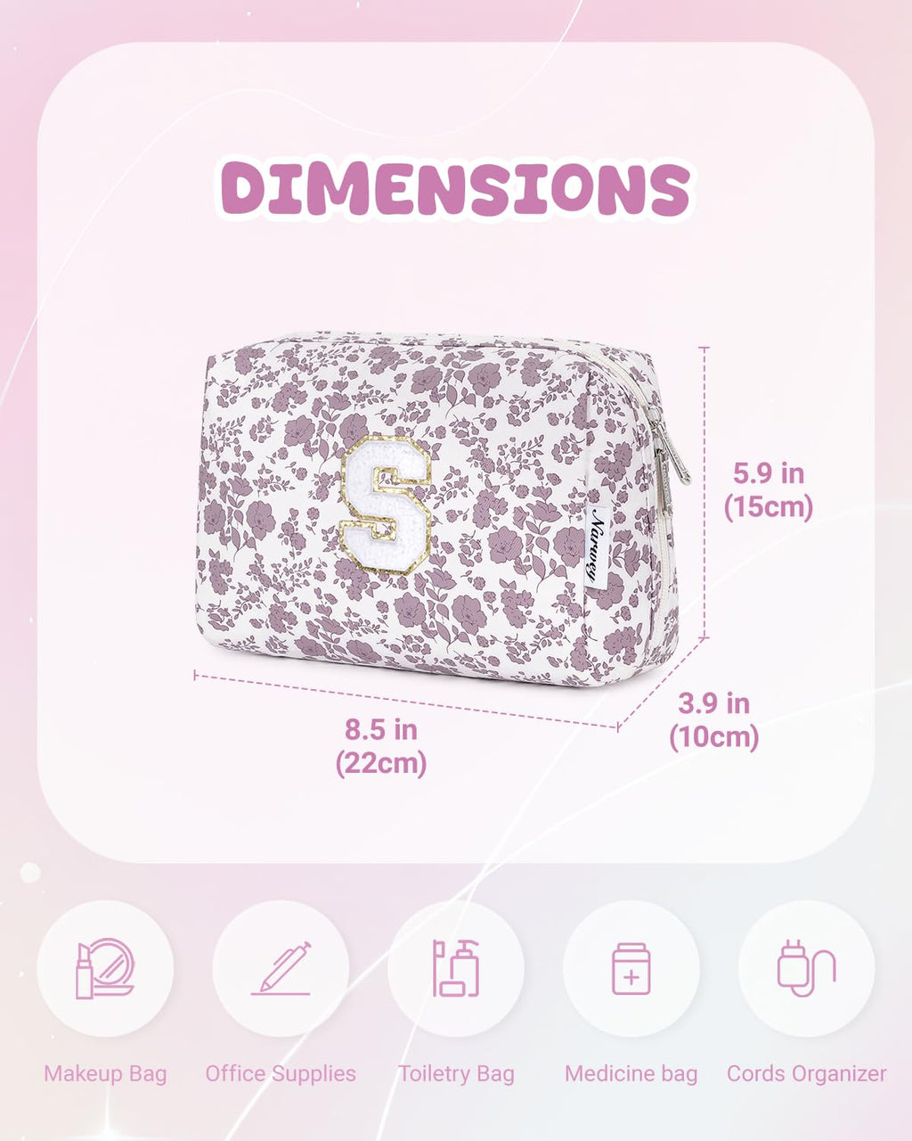 Narwey Birthday Gifts for Teen Girls Kids Women Personalized Initial Floral Makeup Bag Cute Cosmetic Trendy Stuff 6 8 10 11 12 13 14 16 18 Years Old Travel Toiletry Bag (Little Dusty Pink Flower S)