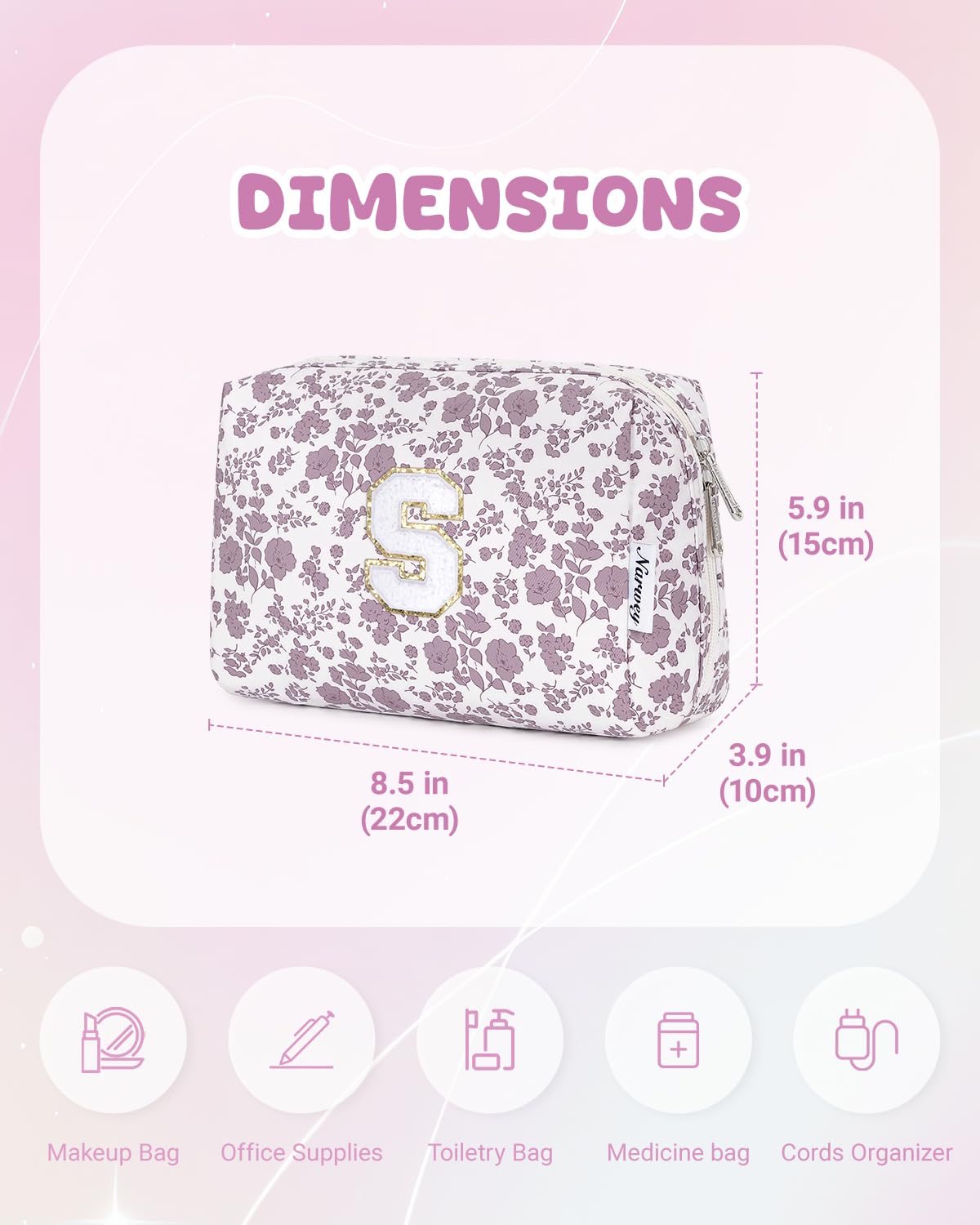 Narwey Birthday Gifts for Teen Girls Kids Women Personalized Initial Floral Makeup Bag Cute Cosmetic Trendy Stuff 6 8 10 11 12 13 14 16 18 Years Old Travel Toiletry Bag (Little Dusty Pink Flower S)