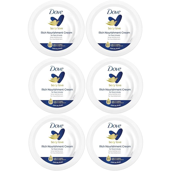 Dove Body Love Rich Nourishment Cream, Face, Hand and Skin Lotion for Extremely Dry Skin, Fast-Absorbing 72-Hour Moisturizing Formula with Ceramide Serum, Travel Size, 2.53 OZ (Pack of 6)