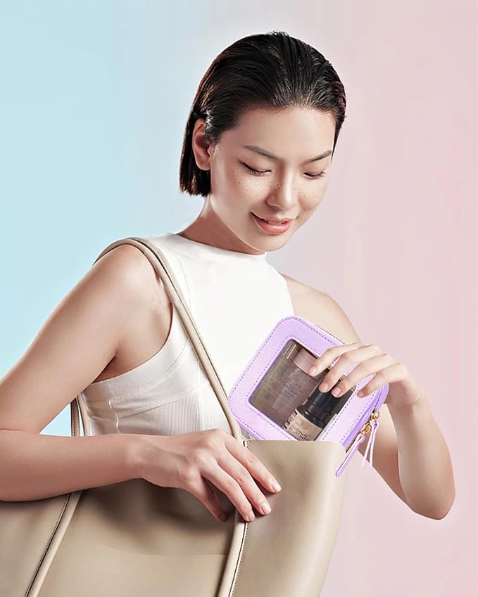 FFpaw Clear Makeup Bag, Small Purple Makeup Bag TSA Approved Toiletry Bag Cosmetic Travel Bag Cute Makeup Bag Organizer Mini Makeup Case Pouch Car Essentials for Women Men (Mini Purple)