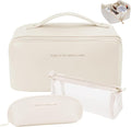 zaleeta 3 Pcs Travel Makeup Bag Portable Large Capacity Cosmetic Bags for Women Open Flat Makeup Case Organizer Bag Set of 3 Waterproof PU Leather Toiletry Bags with Divider and Handle (White, Medium)