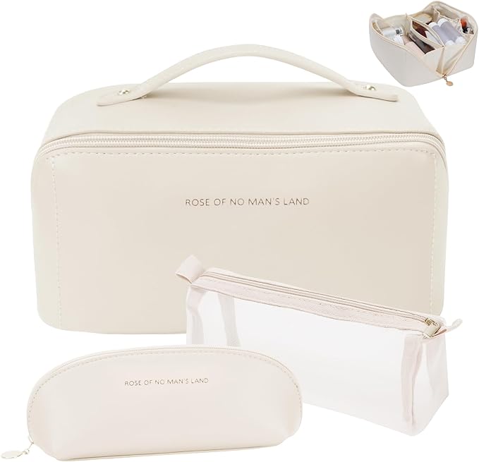 zaleeta 3 Pcs Travel Makeup Bag Portable Large Capacity Cosmetic Bags for Women Open Flat Makeup Case Organizer Bag Set of 3 Waterproof PU Leather Toiletry Bags with Divider and Handle (White, Medium)
