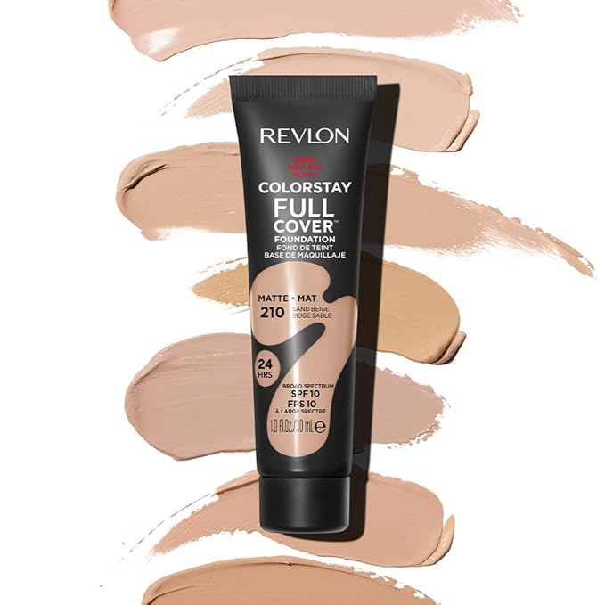 Revlon ColorStay Full Cover Longwear Matte Foundation, Heat & Sweat Resistant Lightweight Face Makeup, 210 Sand Beige, 1.0 fl oz